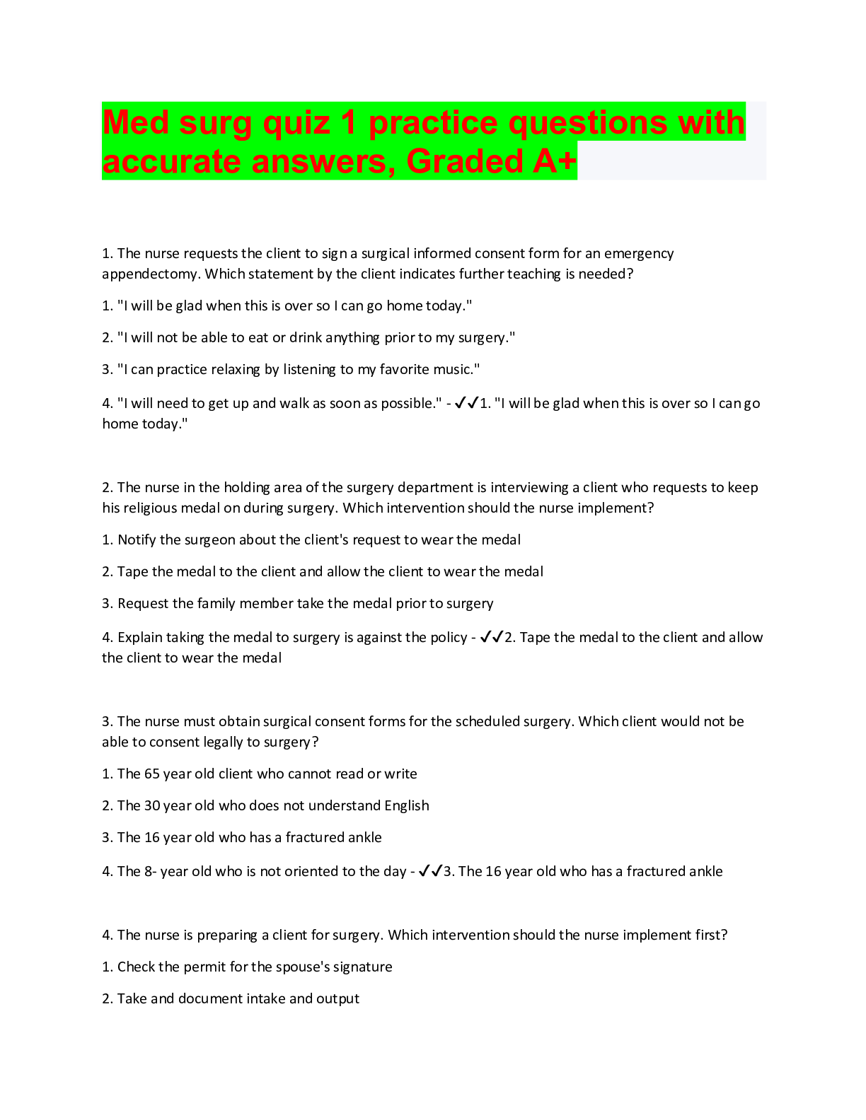 Preview image for Med surg quiz 1 practice questions with accurate answers, Graded A+